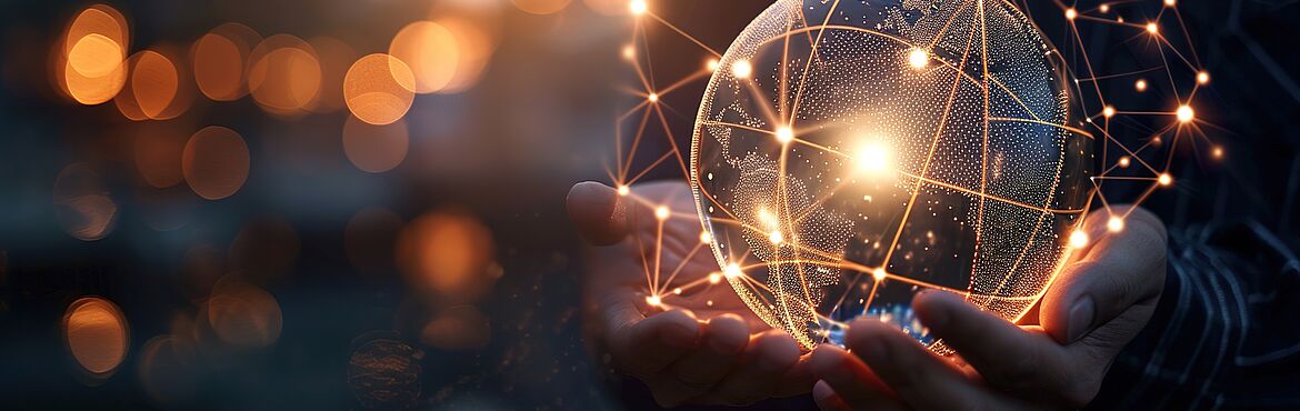 Businessman hold global business globe with network connected to digital marketing strategy and creative solution. Business development technology to support creativity idea